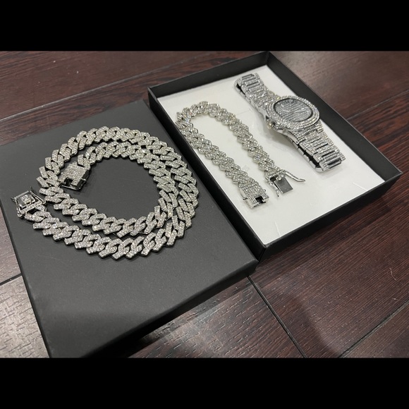 Mens Diamond Watch Chain Bracelet Cuban Link Set Jewellery Iced Out Bussdown - Picture 2 of 9